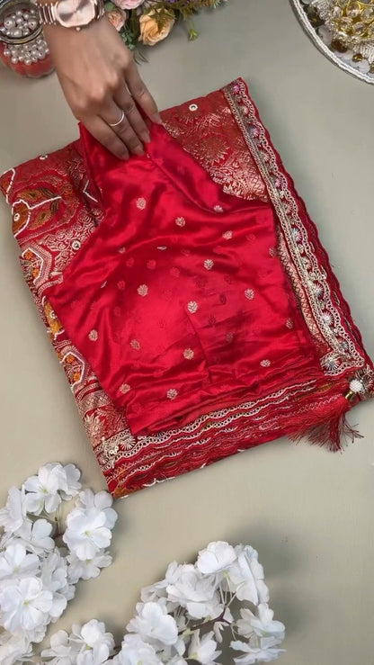 Regal Crimson Silk Brocade Lehenga Set with Elaborate Floral Zari Work