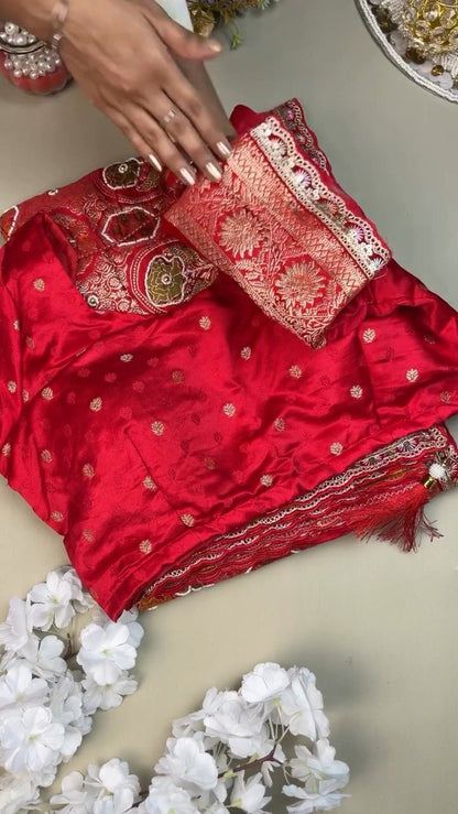 Regal Crimson Silk Brocade Lehenga Set with Elaborate Floral Zari Work