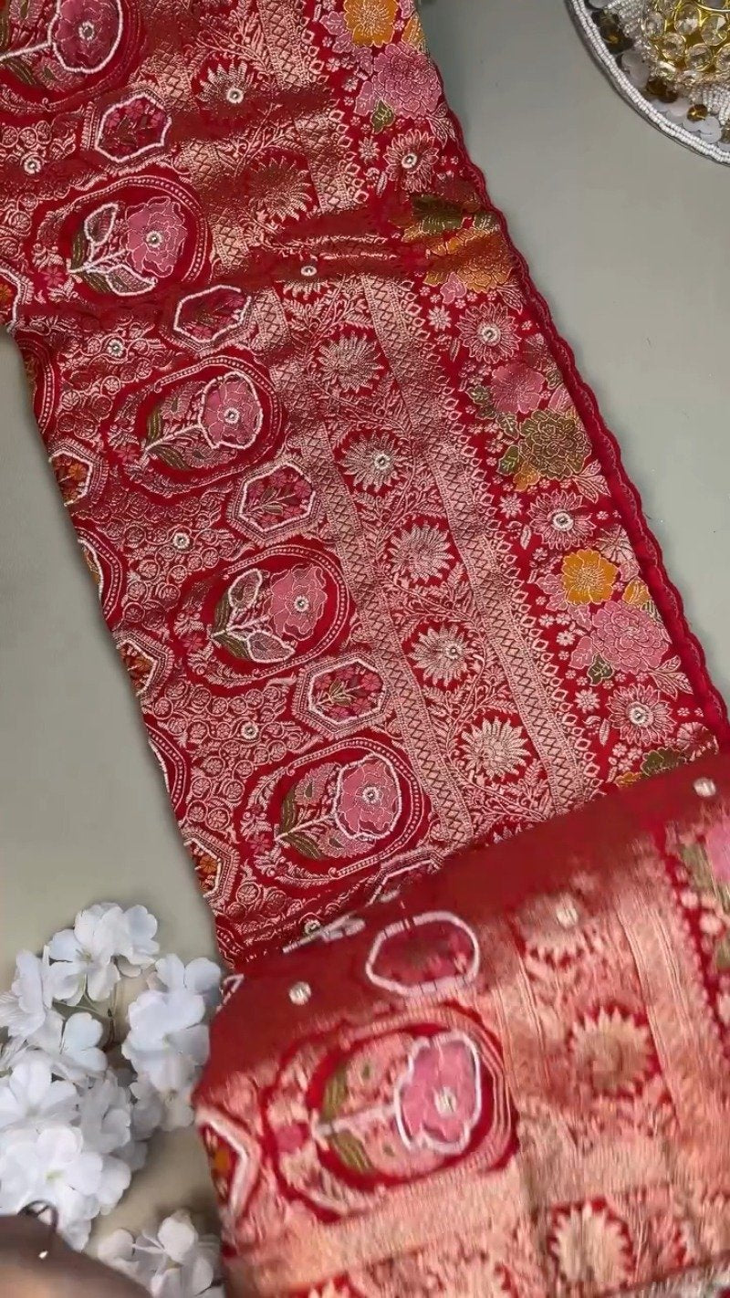 Regal Crimson Silk Brocade Lehenga Set with Elaborate Floral Zari Work