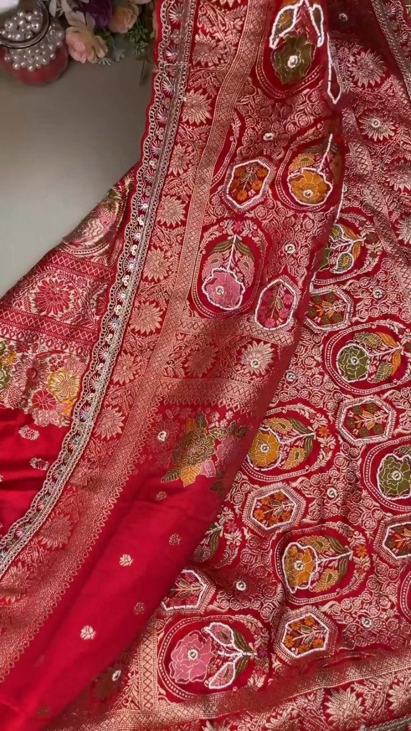 Regal Crimson Silk Brocade Lehenga Set with Elaborate Floral Zari Work