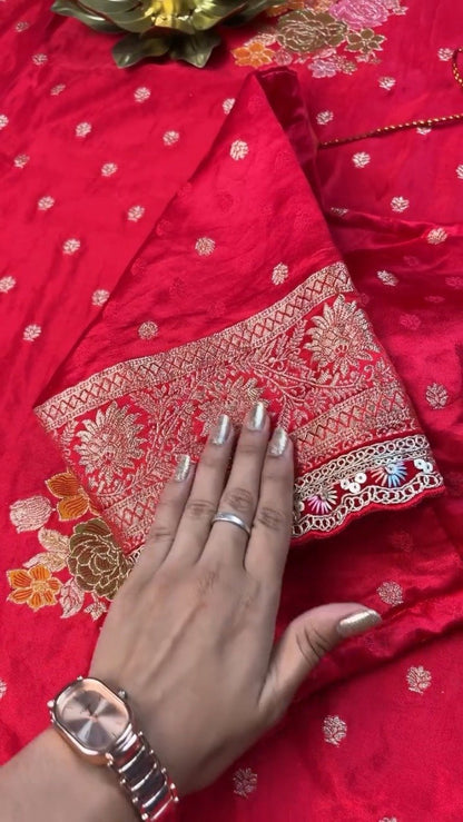 Regal Crimson Silk Brocade Lehenga Set with Elaborate Floral Zari Work
