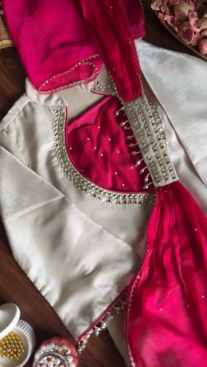 Ivory & Fuchsia Hand-Embellished Designer Kurta Set – Available in Ivory & Fuchsia