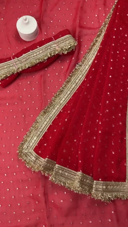 Radiant Sequin-Embellished Chiffon Saree with Ornate Zari Border – Available in Midnight Plum, Festive Red, Emerald Green, Mustard Yellow & Golden Sand