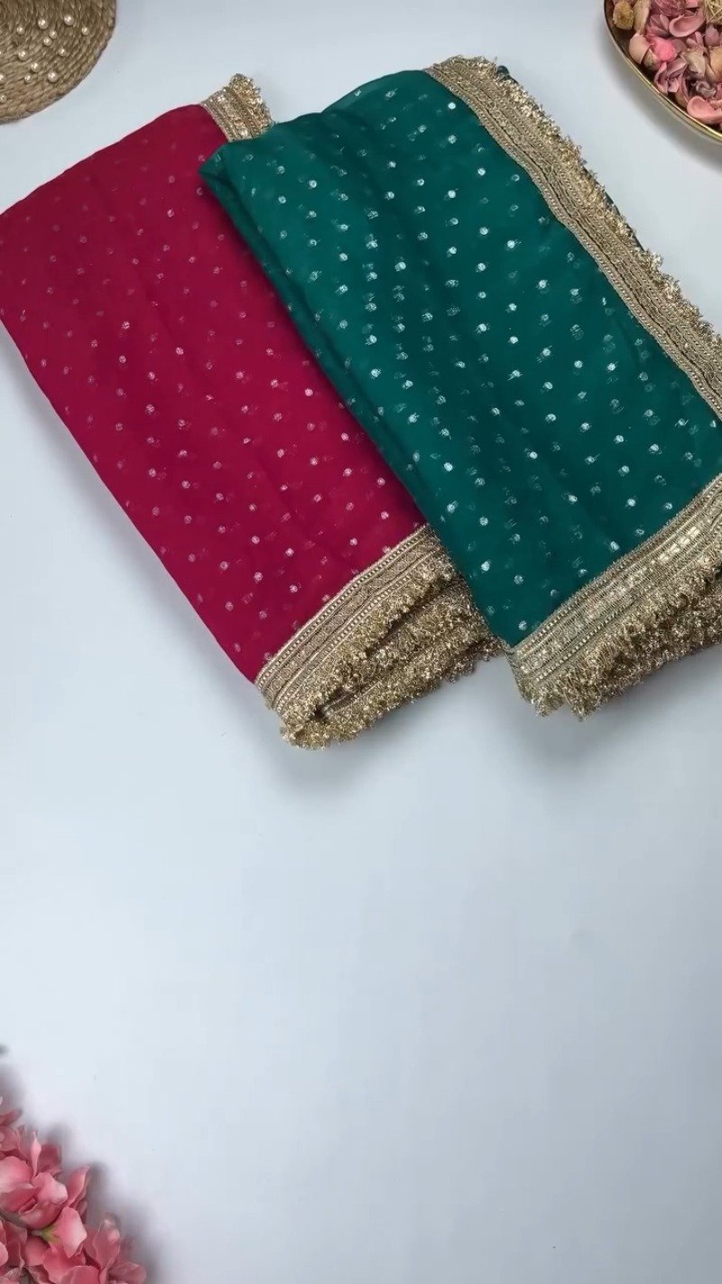 Radiant Sequin-Embellished Chiffon Saree with Ornate Zari Border – Available in Midnight Plum, Festive Red, Emerald Green, Mustard Yellow & Golden Sand