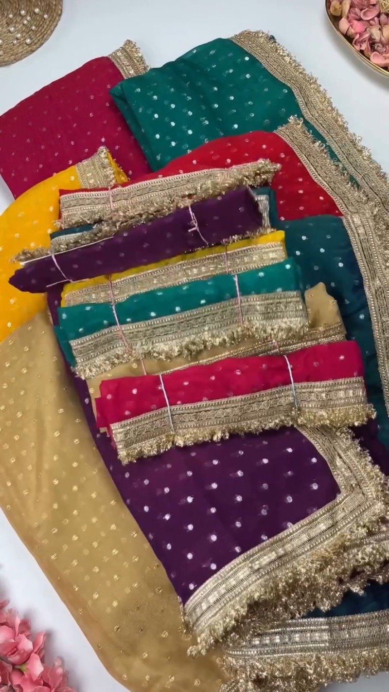 Radiant Sequin-Embellished Chiffon Saree with Ornate Zari Border – Available in Midnight Plum, Festive Red, Emerald Green, Mustard Yellow & Golden Sand