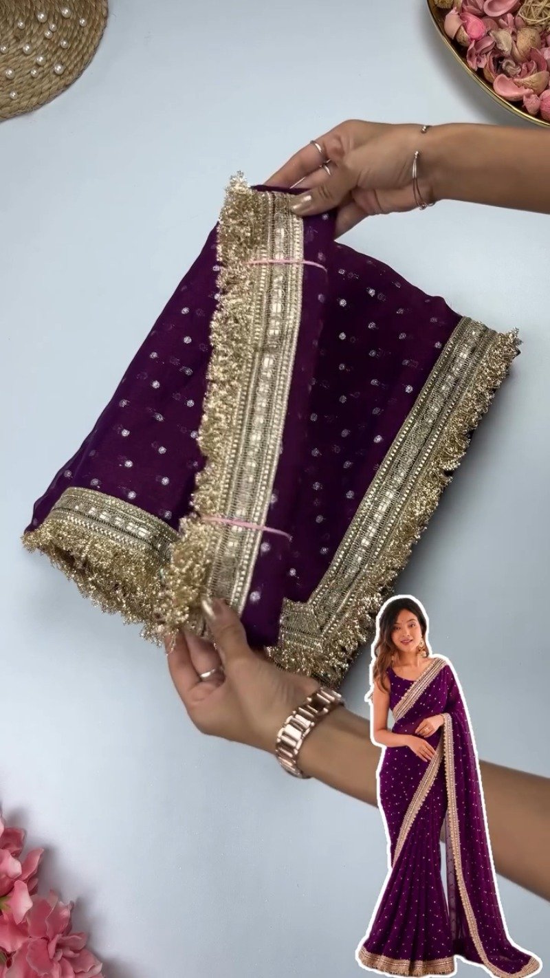 Radiant Sequin-Embellished Chiffon Saree with Ornate Zari Border – Available in Midnight Plum, Festive Red, Emerald Green, Mustard Yellow & Golden Sand