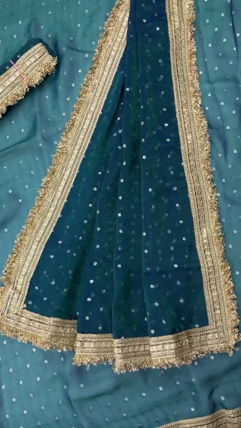 Radiant Sequin-Embellished Chiffon Saree with Ornate Zari Border – Available in Midnight Plum, Festive Red, Emerald Green, Mustard Yellow & Golden Sand