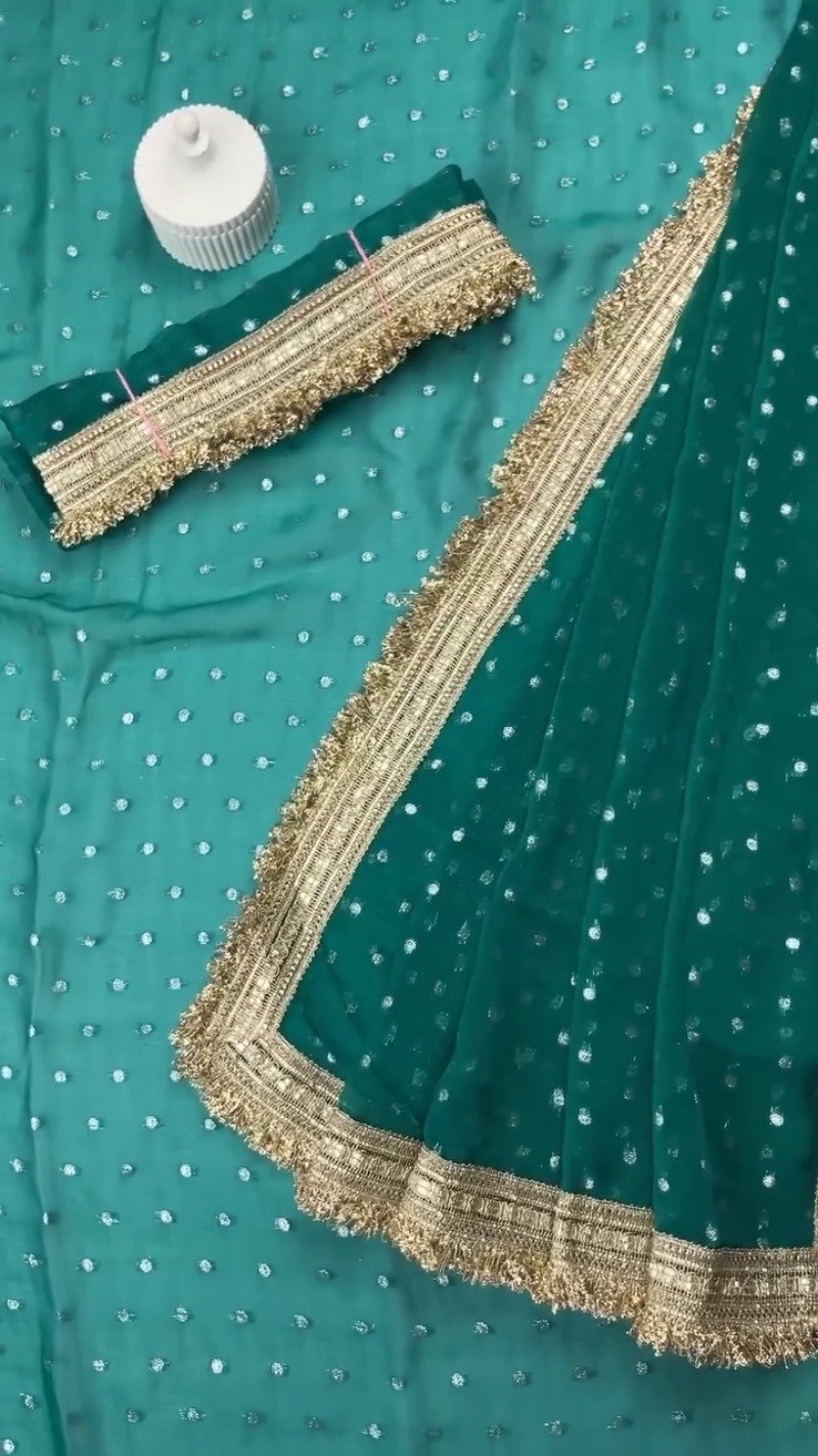 Radiant Sequin-Embellished Chiffon Saree with Ornate Zari Border – Available in Midnight Plum, Festive Red, Emerald Green, Mustard Yellow & Golden Sand