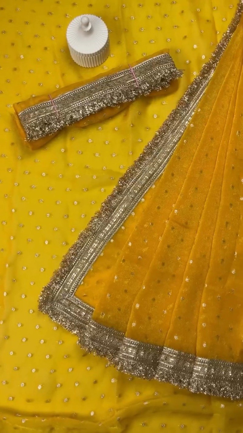 Radiant Sequin-Embellished Chiffon Saree with Ornate Zari Border – Available in Midnight Plum, Festive Red, Emerald Green, Mustard Yellow & Golden Sand
