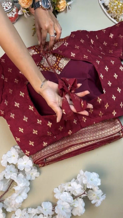 Regal Maroon Bandhani Silk Saree with Zari Border & Matching Designer Blouse