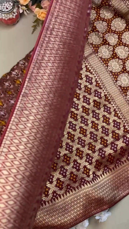 Regal Maroon Bandhani Silk Saree with Zari Border & Matching Designer Blouse