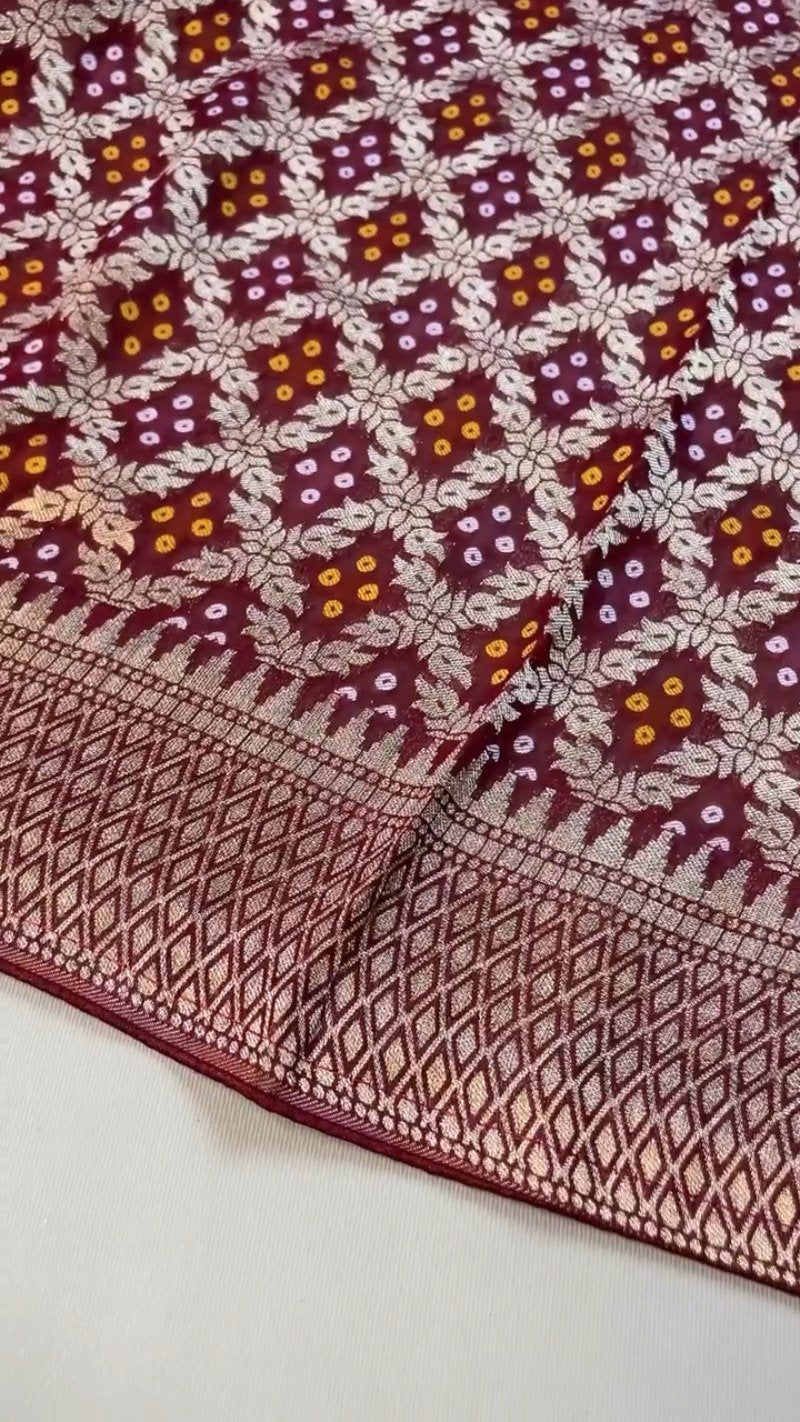 Regal Maroon Bandhani Silk Saree with Zari Border & Matching Designer Blouse