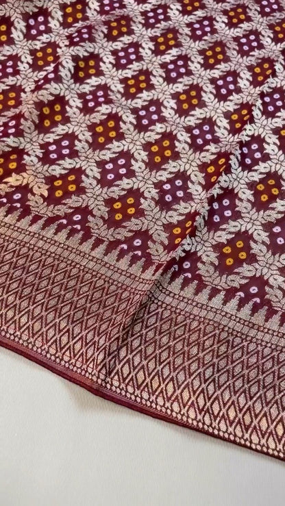 Regal Maroon Bandhani Silk Saree with Zari Border & Matching Designer Blouse