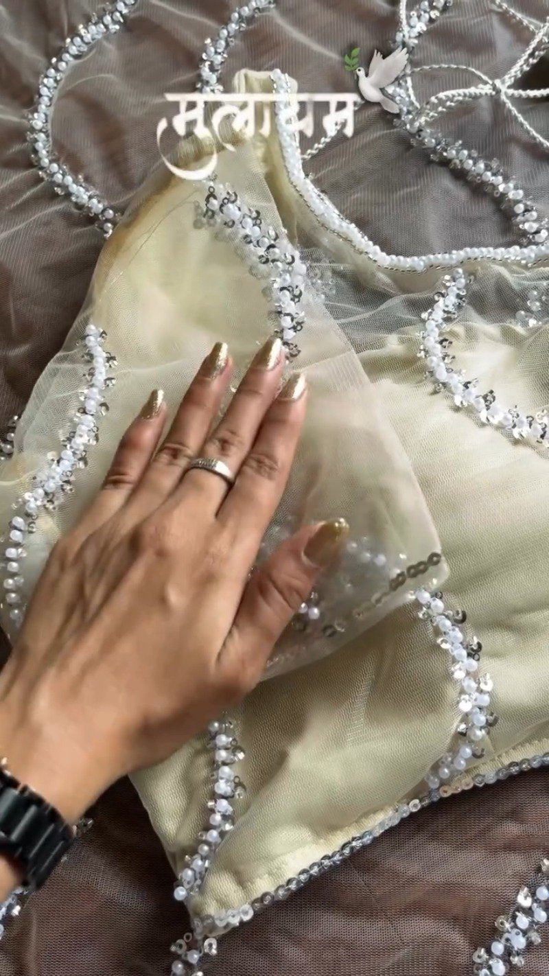 Elegant Pearl & Sequin Embellished Organza Saree Set