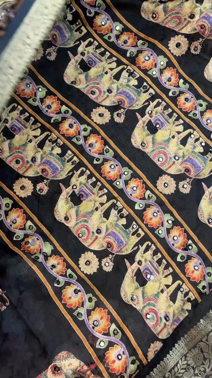 Midnight Muse Elephant Motif Zari Border Saree – Artisan Crafted Elegance