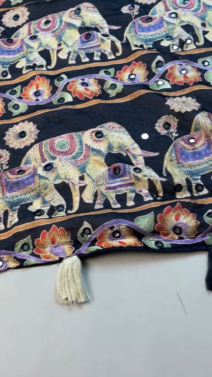 Midnight Muse Elephant Motif Zari Border Saree – Artisan Crafted Elegance