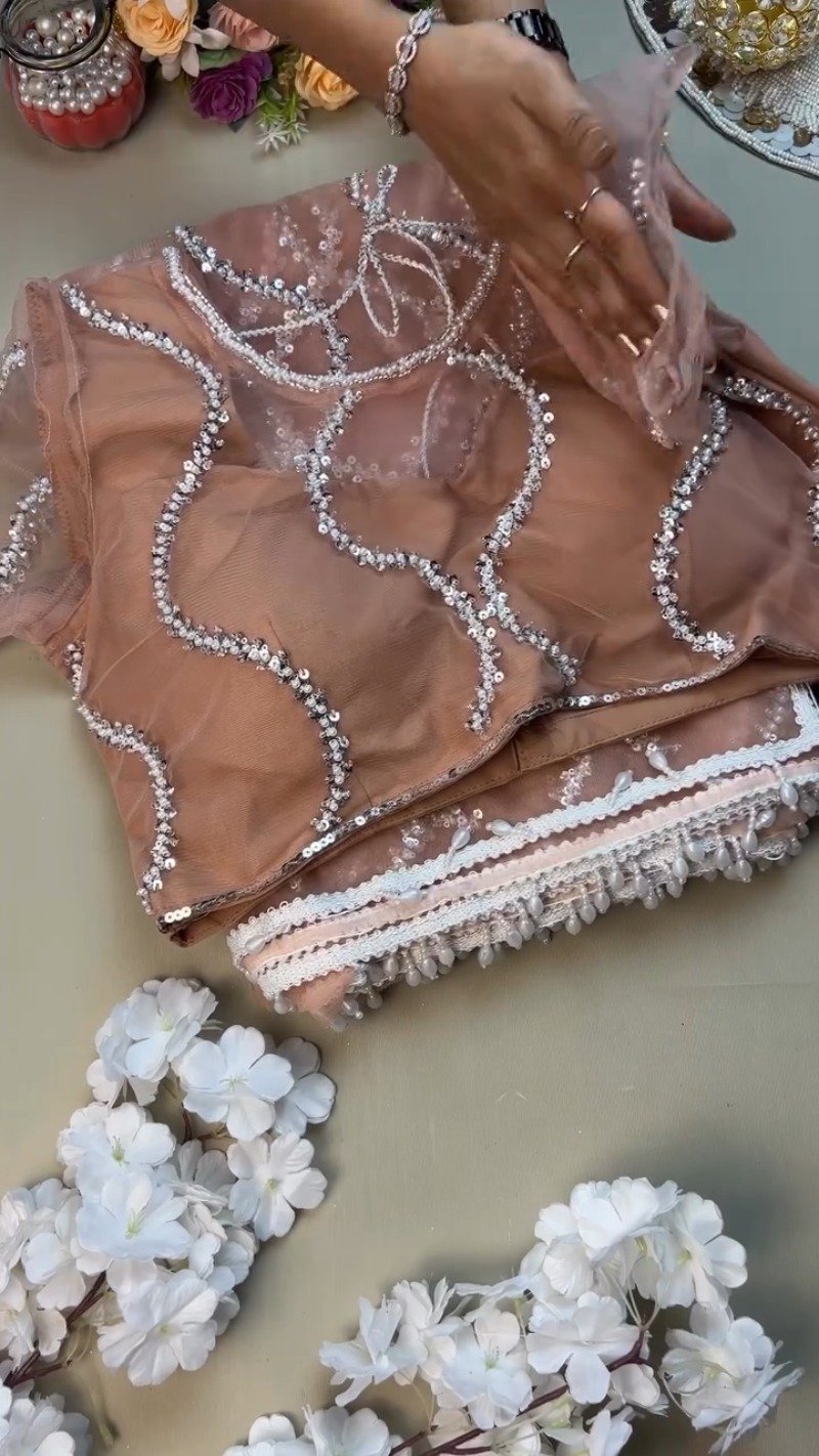 Peach Organza Sequinned Saree with Pearl-Detailed Scallop Border