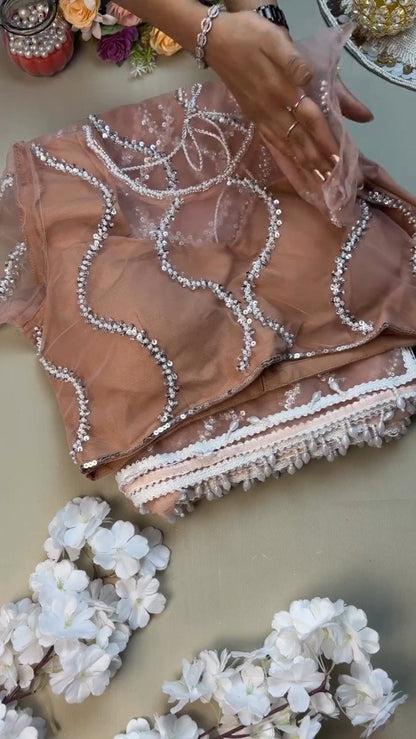 Peach Organza Sequinned Saree with Pearl-Detailed Scallop Border