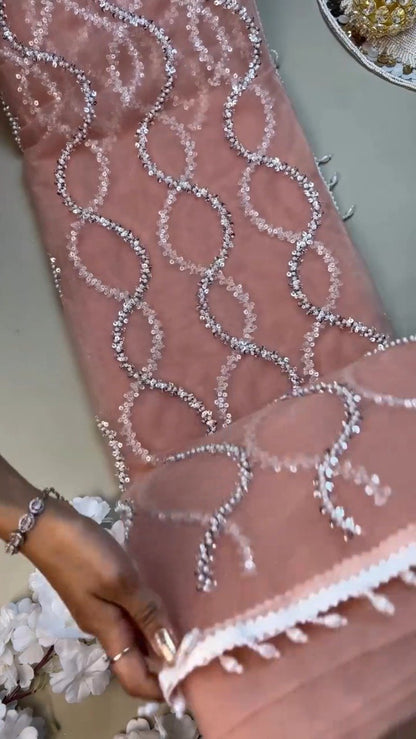 Peach Organza Sequinned Saree with Pearl-Detailed Scallop Border
