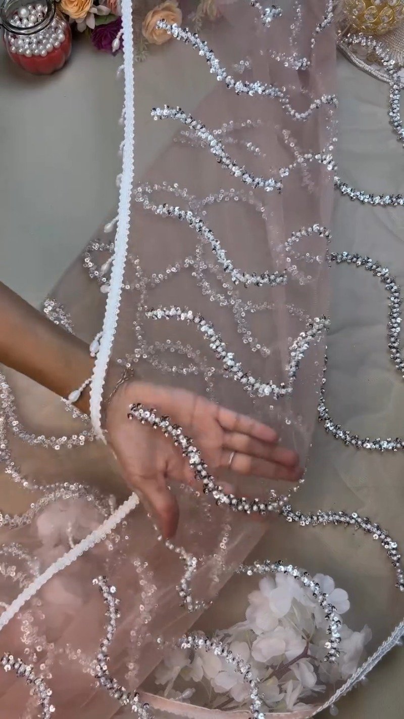Peach Organza Sequinned Saree with Pearl-Detailed Scallop Border