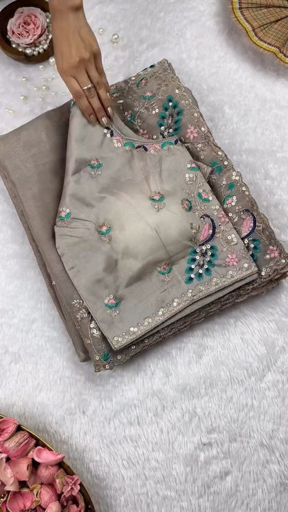 Morpankh Morni Embroidered Tissue Silk Saree Set – Grey Sophistication