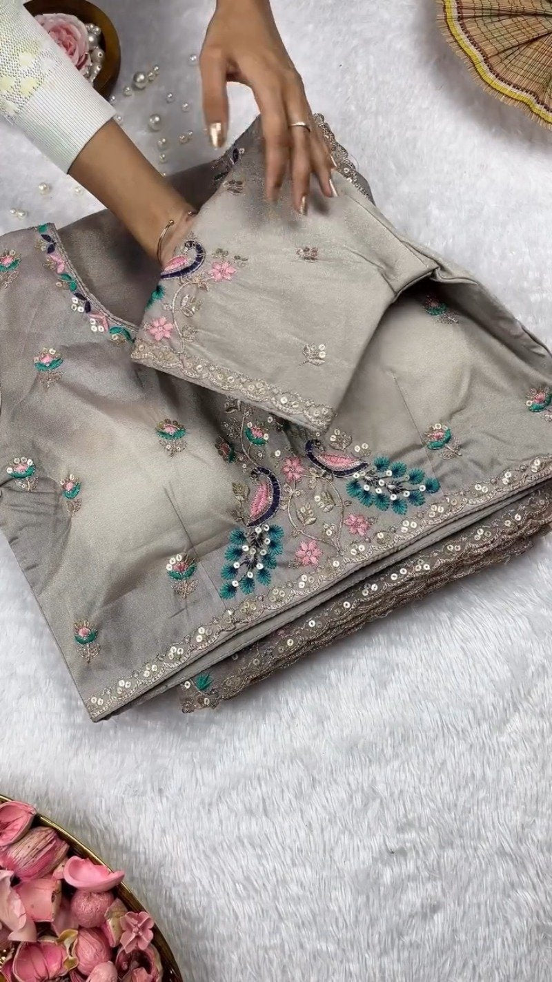 Morpankh Morni Embroidered Tissue Silk Saree Set – Grey Sophistication