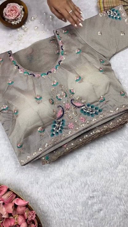 Morpankh Morni Embroidered Tissue Silk Saree Set – Grey Sophistication