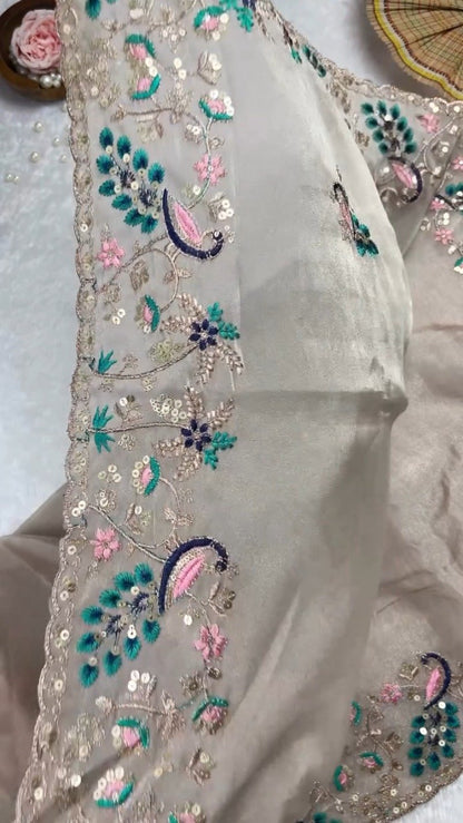 Morpankh Morni Embroidered Tissue Silk Saree Set – Grey Sophistication