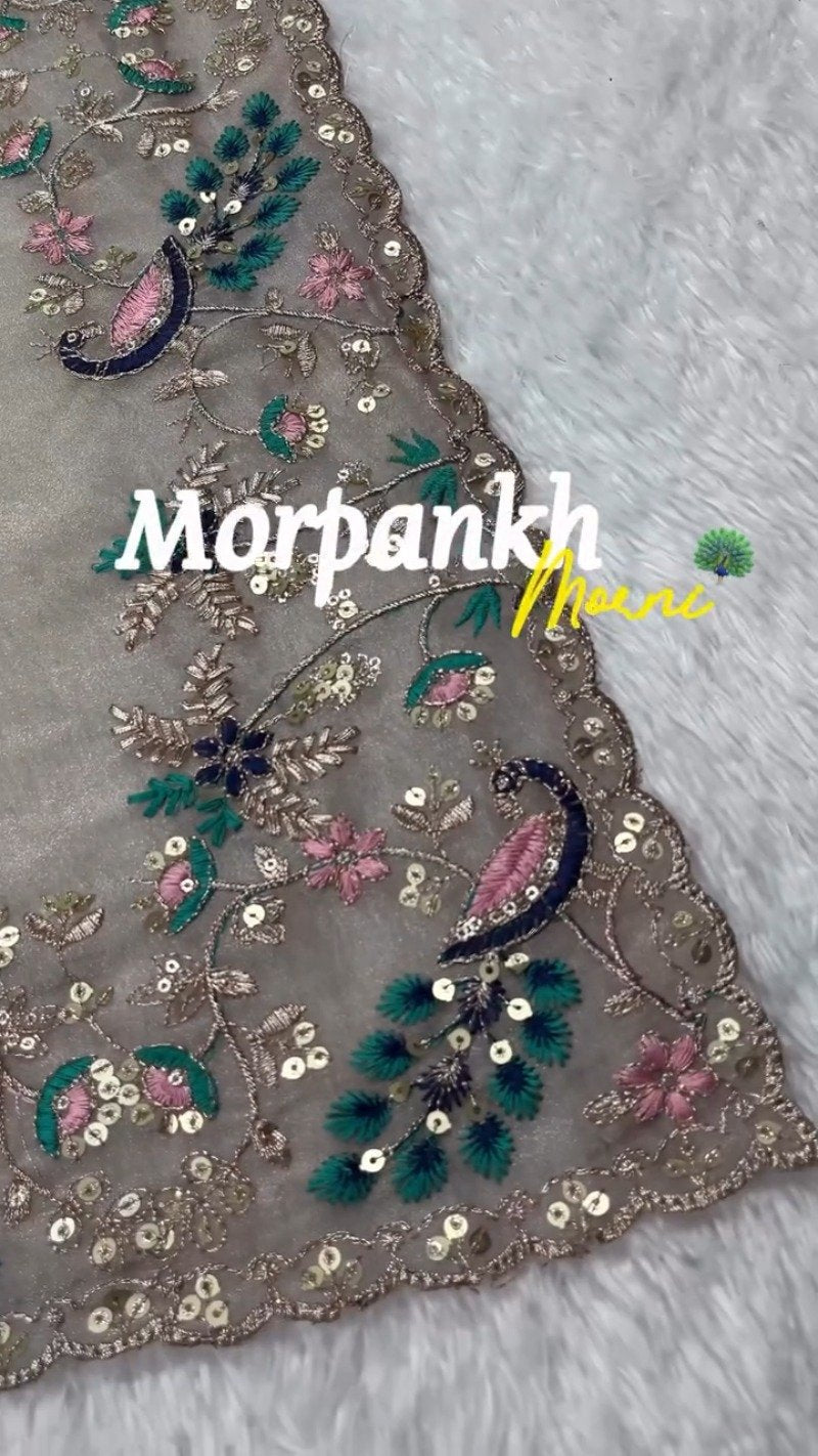 Morpankh Morni Embroidered Tissue Silk Saree Set – Grey Sophistication