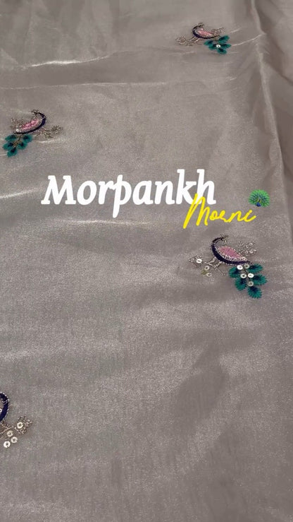 Morpankh Morni Embroidered Tissue Silk Saree Set – Grey Sophistication