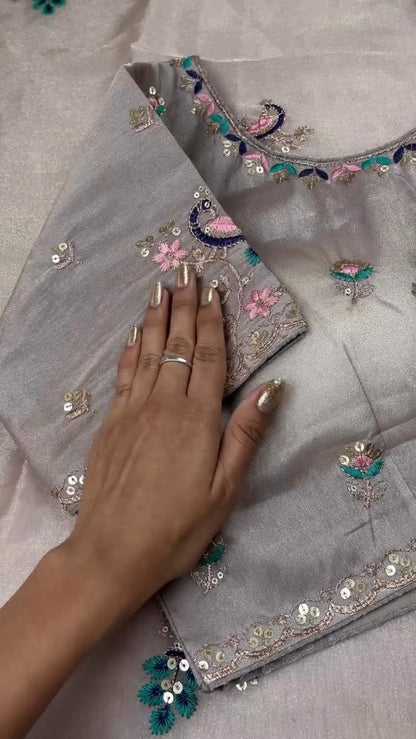 Morpankh Morni Embroidered Tissue Silk Saree Set – Grey Sophistication