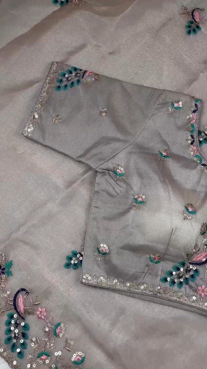 Morpankh Morni Embroidered Tissue Silk Saree Set – Grey Sophistication