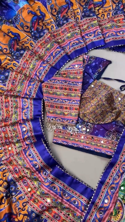 Vibrant Peacock Motif Printed Lehenga Choli Set with Mirror Work – Available in Vibrant Multicolour & Royal Blue