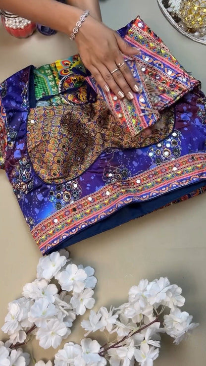 Vibrant Peacock Motif Printed Lehenga Choli Set with Mirror Work – Available in Vibrant Multicolour & Royal Blue