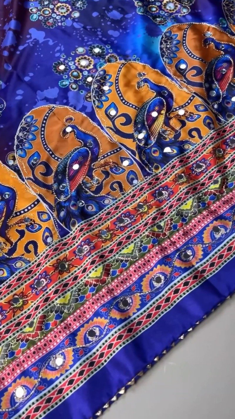 Vibrant Peacock Motif Printed Lehenga Choli Set with Mirror Work – Available in Vibrant Multicolour & Royal Blue