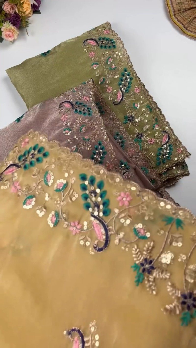 Opulent Peacock-Motif Embroidered Saree Set with Contrast Sequin Detailing – Available in Champagne, Moss Green, Mauve, and Dusty Peach