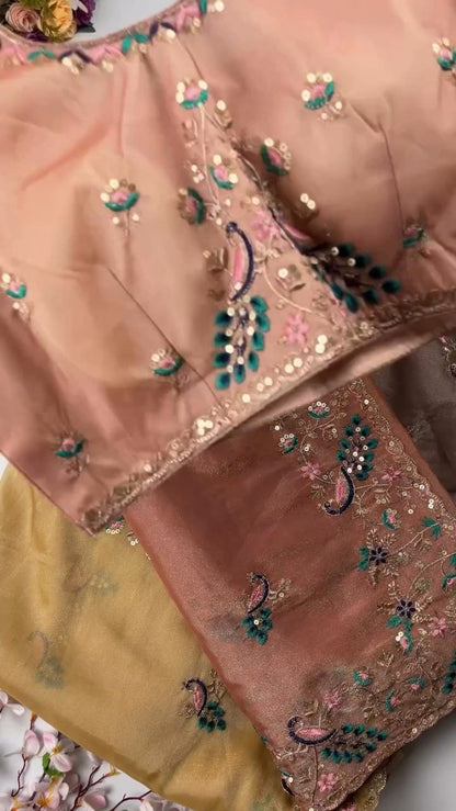 Opulent Peacock-Motif Embroidered Saree Set with Contrast Sequin Detailing – Available in Champagne, Moss Green, Mauve, and Dusty Peach