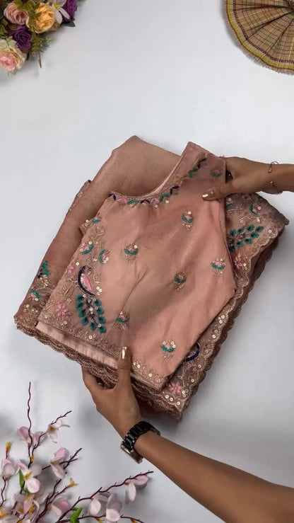 Opulent Peacock-Motif Embroidered Saree Set with Contrast Sequin Detailing – Available in Champagne, Moss Green, Mauve, and Dusty Peach