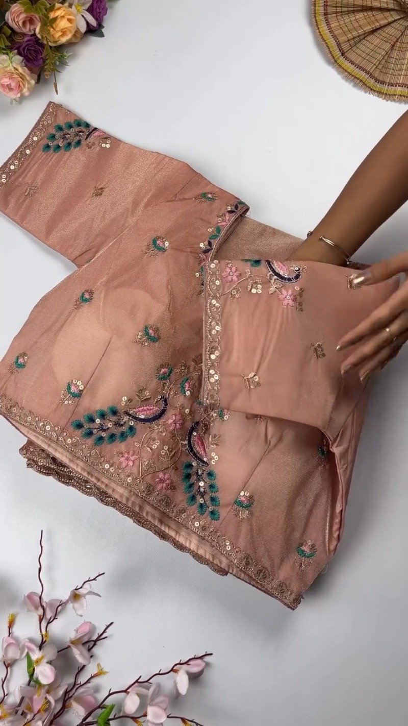 Opulent Peacock-Motif Embroidered Saree Set with Contrast Sequin Detailing – Available in Champagne, Moss Green, Mauve, and Dusty Peach