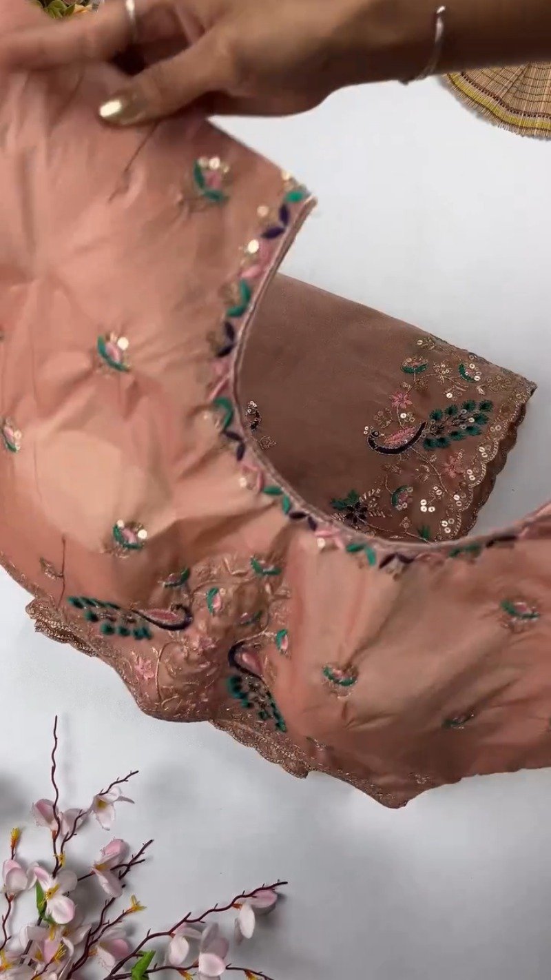 Opulent Peacock-Motif Embroidered Saree Set with Contrast Sequin Detailing – Available in Champagne, Moss Green, Mauve, and Dusty Peach