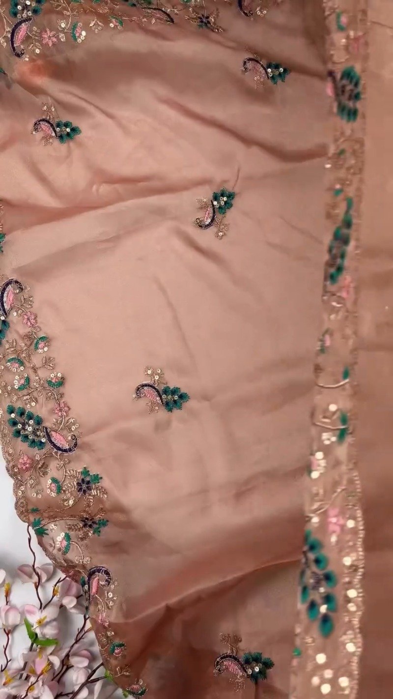 Opulent Peacock-Motif Embroidered Saree Set with Contrast Sequin Detailing – Available in Champagne, Moss Green, Mauve, and Dusty Peach