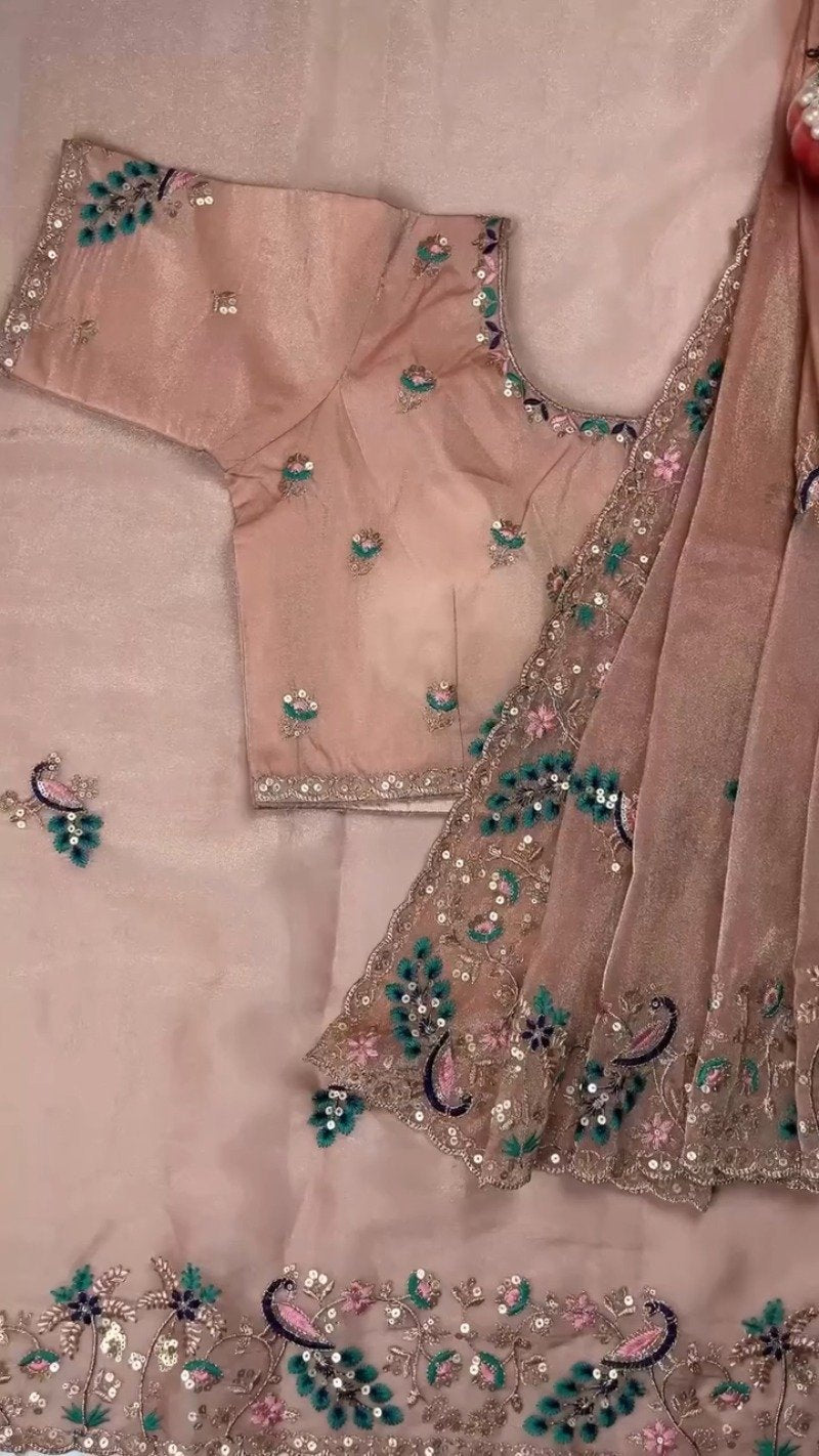 Opulent Peacock-Motif Embroidered Saree Set with Contrast Sequin Detailing – Available in Champagne, Moss Green, Mauve, and Dusty Peach