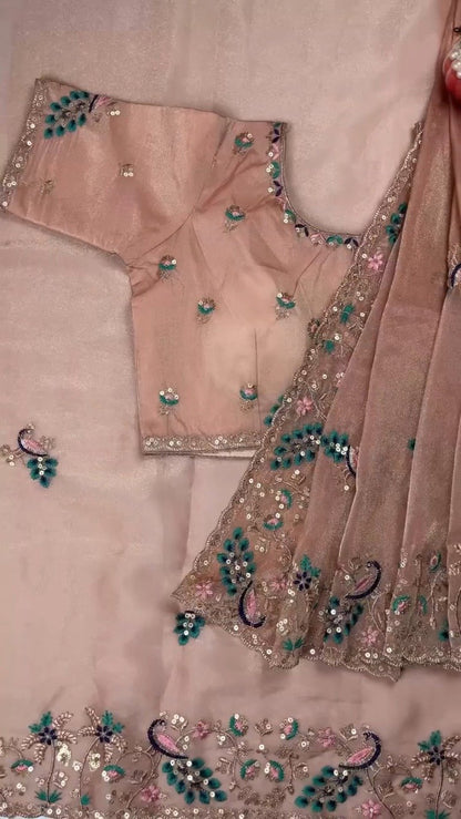 Opulent Peacock-Motif Embroidered Saree Set with Contrast Sequin Detailing – Available in Champagne, Moss Green, Mauve, and Dusty Peach