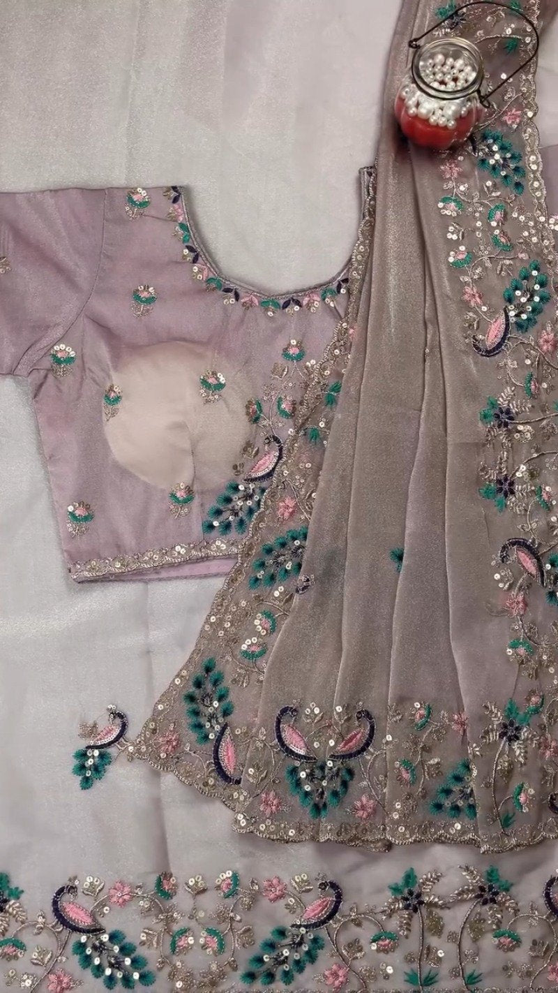 Opulent Peacock-Motif Embroidered Saree Set with Contrast Sequin Detailing – Available in Champagne, Moss Green, Mauve, and Dusty Peach