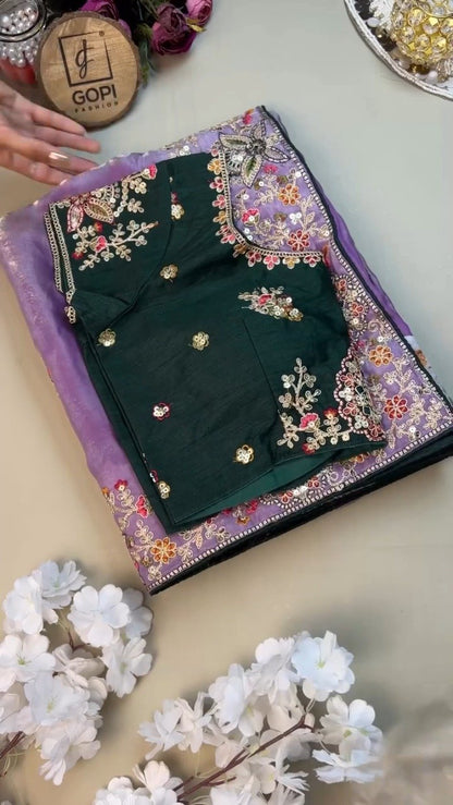 Enchanting Lavender Organza Saree Set with Deep Emerald Blouse – Elegance in Every Drape