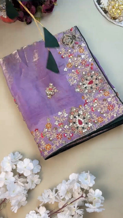 Enchanting Lavender Organza Saree Set with Deep Emerald Blouse – Elegance in Every Drape