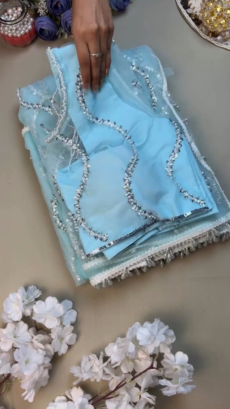 Ethereal Sky Blue Sequin-Embellished Organza Saree Set with Pearl Trims