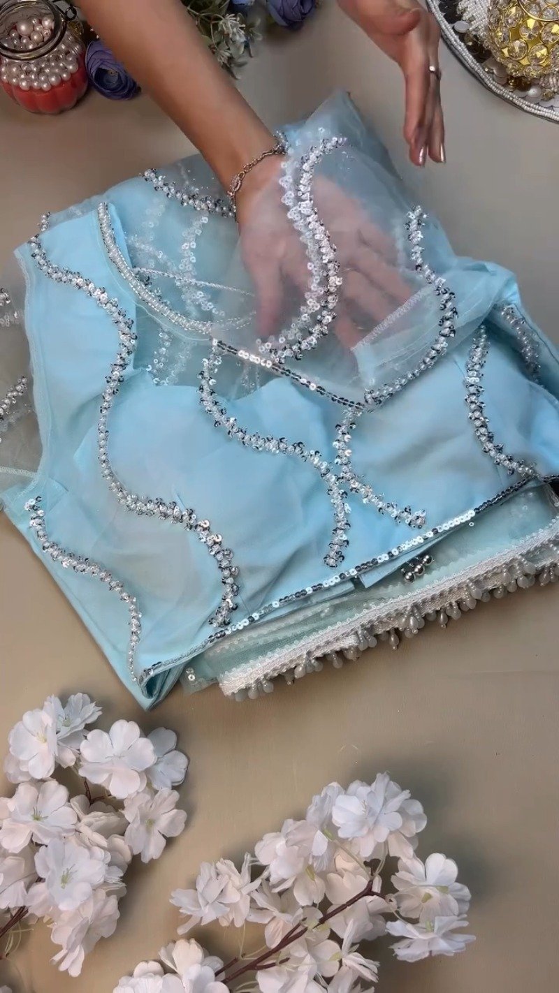 Ethereal Sky Blue Sequin-Embellished Organza Saree Set with Pearl Trims