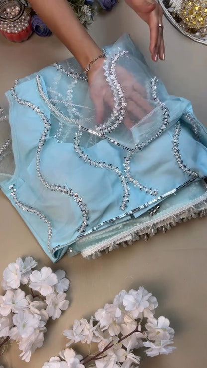 Ethereal Sky Blue Sequin-Embellished Organza Saree Set with Pearl Trims