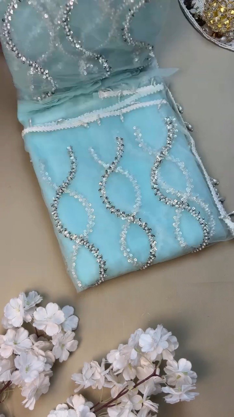 Ethereal Sky Blue Sequin-Embellished Organza Saree Set with Pearl Trims